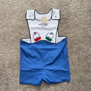 Beaufort Bonnet Company Blue and White Sailboat Romper Jon Jon. Size 18-24m.